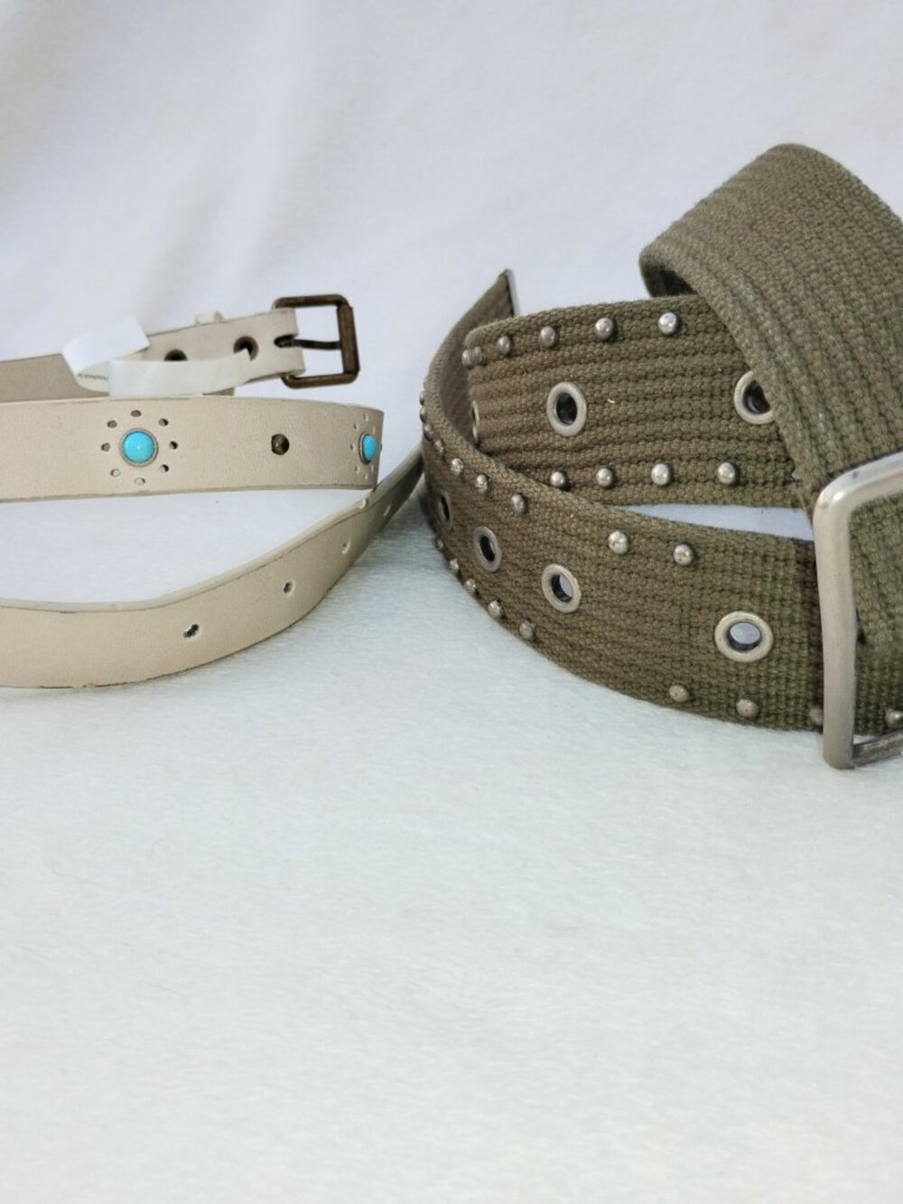 2 Lot Women's S Belts Olive Drab Studded & Bone Faux Turquoise Belt accessory - Picture 16 of 16